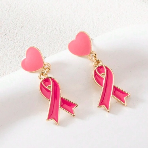 Pink Heart and  Ribbon Cancer Awareness Earrings - Picture 1 of 2
